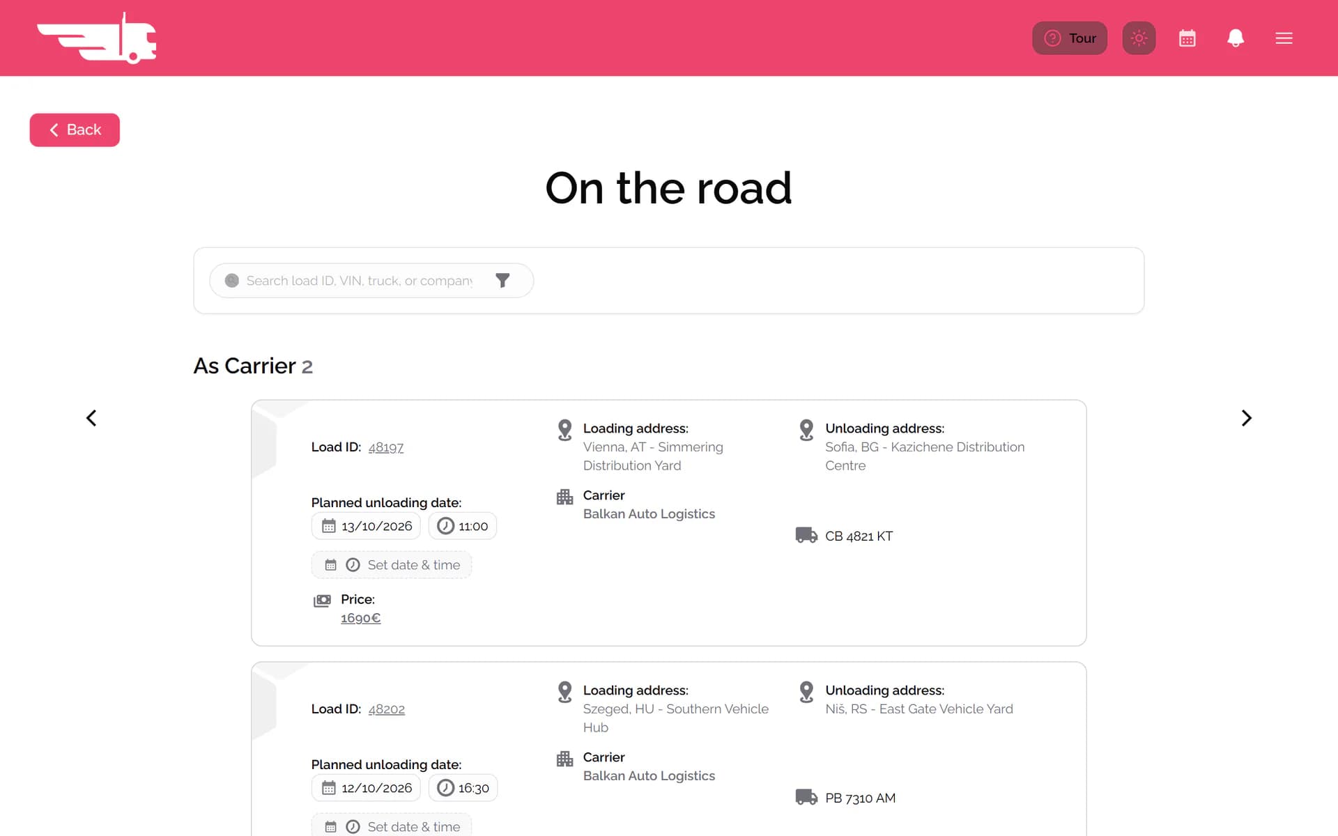 Trucks tracking screen of the ILAN web portal